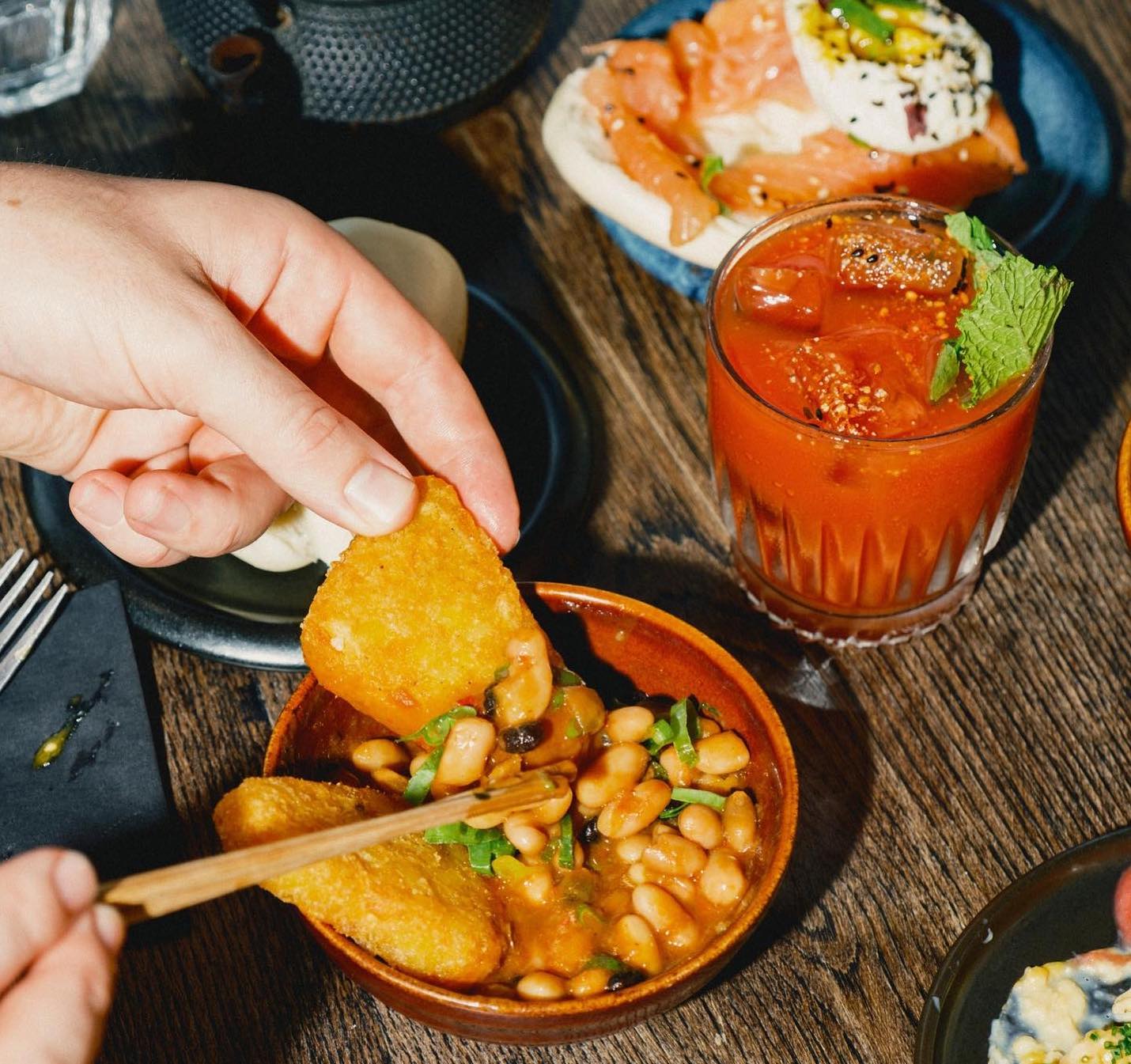 Brunch foods and a bloody mary cocktail at Mr Bao in Peckham London